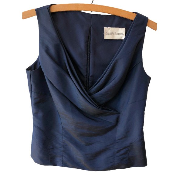 David's Bridal Navy Blue Shiny V Neck Pleated Corset Tank Top / Sleeveless Shirt - Picture 7 of 7